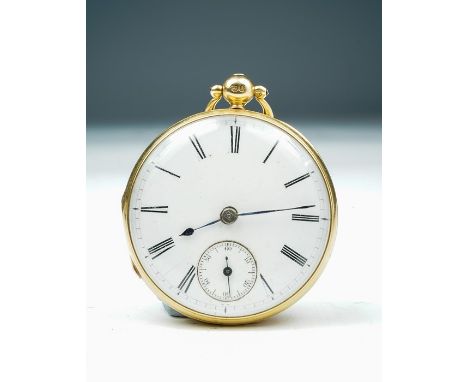 J. Edward, London, an 18ct gold open faced key wind pocket watch, 4cm white enamel dial with Roman numerals, subsidiary secon