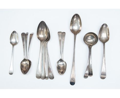 A collection of George III silver Old English Pattern flatware, all except one engraved with the same crest on handles, to in