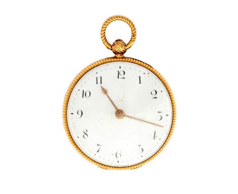 Bennett of Norwich, a George III 18ct gold fusee open-faced pocket watch, 4.5cm white enamel dial with Arabic numerals, brass