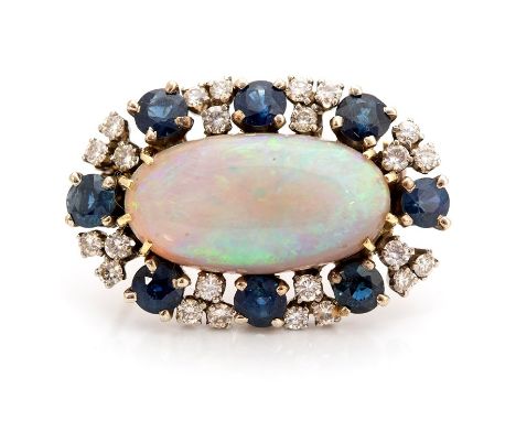 A black opal, sapphire and diamond set oval cluster brooch, the central oval cabochon-cut black opal measuring approx 20mm x 