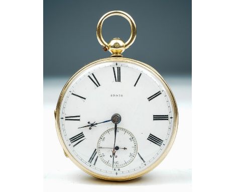 A Victorian 18ct gold open faced pocket keywind gents pocket watch, 4.5cm white enamel dial with Roman numerals No.42950 and 
