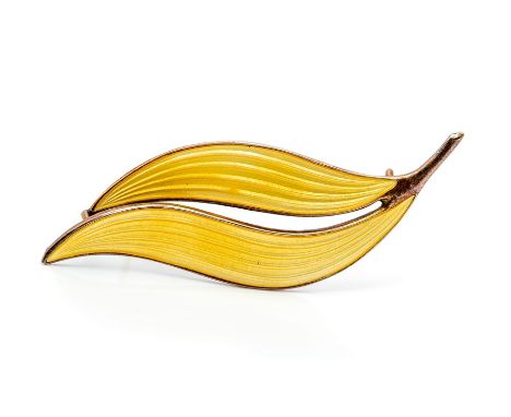 Aksel Holmsen- A silver gilt and enamel brooch, double leaf form with yellow guilloche enamel,  length approx 55mm, stamped N