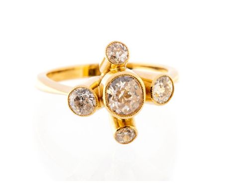 A diamond five-stone fancy cluster 18ct yellow gold ring, the central oval old-cut diamond weighing approx 0.60ct, surroundin