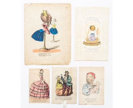 Collection of "Vinegar Valentines" (comic insulting cards) comprising: folded paper lace card, c.1870, central design depicti