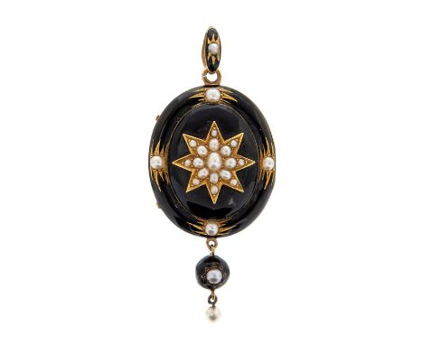 A Victorian black enamel and seed pearl locket/ pendant, the oval locket with star decoration set with graduated seed pearls,