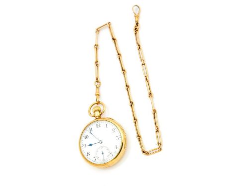 A 9ct gold open-faced top wind pocket watch, 4.5cm white enamel dial with Roman numerals and subsidiary seconds dial at 6 o'c