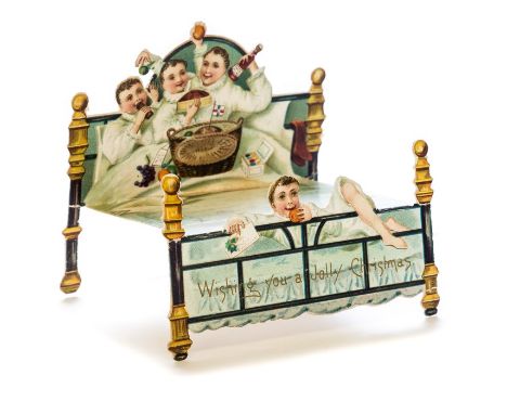 Collection of four Victorian chromolithographic 3-D/pop-up Christmas cards: free-standing bed with four boys enjoying Christm