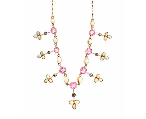 An Edwardian opal, pink tourmaline and diamond fringe necklace, comprising seven alternating graduated cushion cut pink tourm