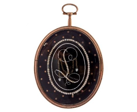 An 18th century large gold framed oval mourning pendant, enclosing blue enamel set with seed pearls with the initial 'L' drap