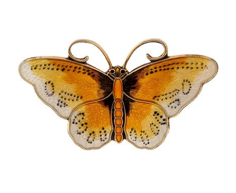 Hroar Prydz-  A modernist Norwegian silver gilt and enamel butterfly brooch, the wings decorated with yellow and cream guillo