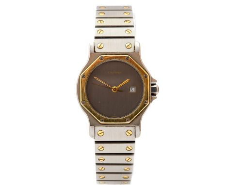 Cartier, a bi-metal Cartier Santos Ronde wristwatch, 3cm circular brushed slate grey dial with octagonal bezel, date aperture