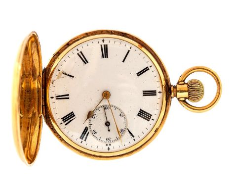 A late 19th Century 18ct gold full hunter pocket watch, 4.5cm white enamel dial with Roman numerals and subsidiary seconds di