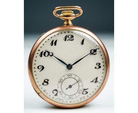 A 1930's 9ct gold open faced top wind pocket watch, 4cm champagne dial with Arabic numerals and subsidiary seconds dial, insc