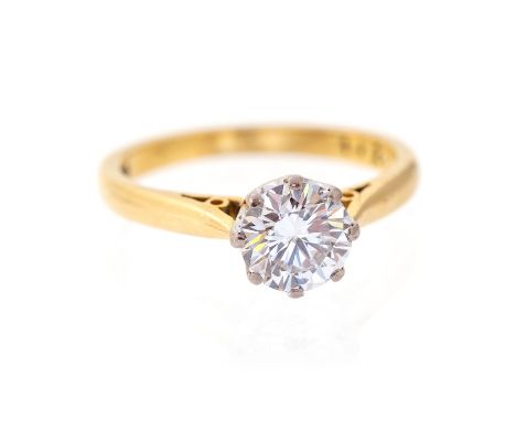 A diamond solitaire 18ct yellow gold ring, round brilliant-cut diamond, stamped to shank 1.21cts, assessed colour F, assessed