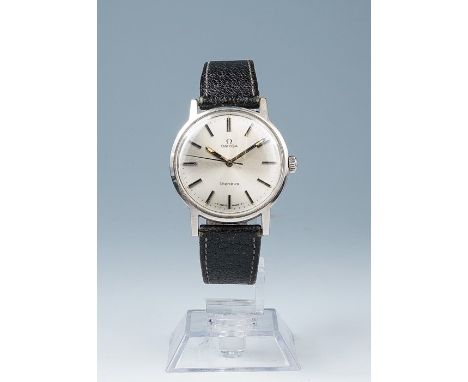 Omega, a circa 1970's gents steel Omega wristwatch, 3cm circular silvered dial with baton numerals, Omega branded crown, blac