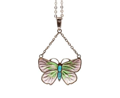 A Charles Horner silver and enamel butterfly pendant, decorated with pale pink and green iridescent enamel wings and turquois