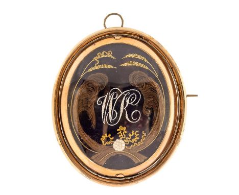 A large early 19th century gold, enamel and hairwork swivel mourning pendant/brooch, the blue guilloche enamel applied with s