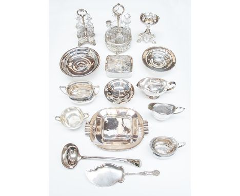 A collection of silver plate including: a circular tazza on detachable stand; an Aesthetic movement glass butter dish the pla