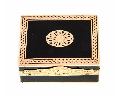 A 19th century Neo Classical tortoiseshell double snuff/patch box, the hinged cover inlaid with an oval patera within a rope 