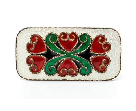 N A Jorgensen - A Norwegian silver and enamelled brooch, circa 1950s decorated with bead scroll wire work with inlaid  green 
