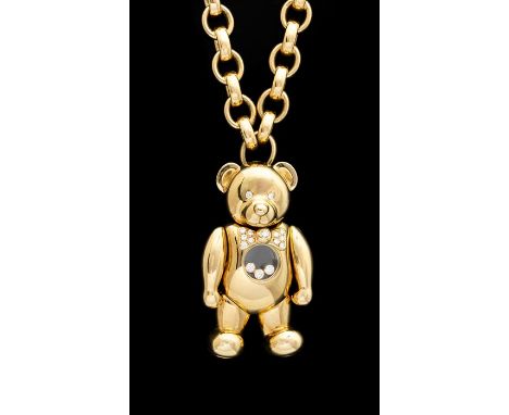 A Chopard ' Happy  diamond' teddy bear 18ct yellow gold pendant, the articulated bear with pave set diamond bow tie, diamond 