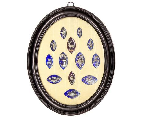 A collection of twelve 18th century enamel and seed pearl sentimental and mourning navette shape cartouches, two purple and t