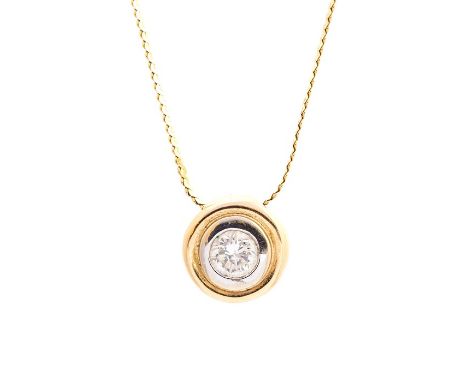 A diamond solitaire 14ct yellow gold pendant and chain, the small circular pendant rub-over set with a round brilliant-cut di