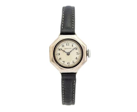 Rolex, an early 20th Century lady's silver Rolex lady's wristwatch,  2.5cm octagonal case with a silvered dial, import marks 