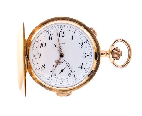 Invicta, a late 19th Century 18kt gold Invicta full hunter chronograph pocket watch, top wind with chiming mechanism, 5.5cm w