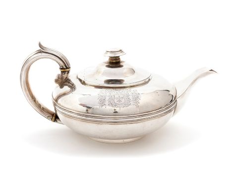 A George IV silver melon shaped teapot, with reeded mid-rib, with C-scroll reeded handle, the hinged cover with stylized pago