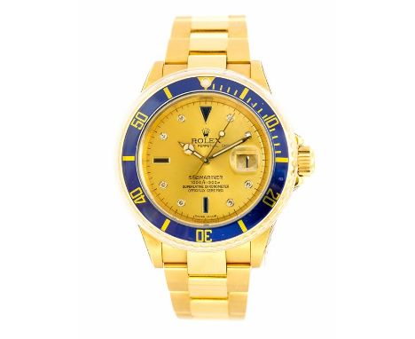Rolex, a circa 2006 gents 18ct gold Rolex Oyster Perpetual Date Submariner wristwatch, Model No.16618, 4cm dial with blue ena