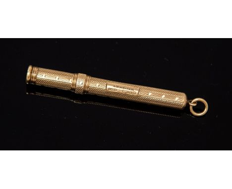 A 9ct gold pencil holder by Sampson Mordan &amp; Co, London, 1904, engine turned decoration, top loop, length approx 75mm, to