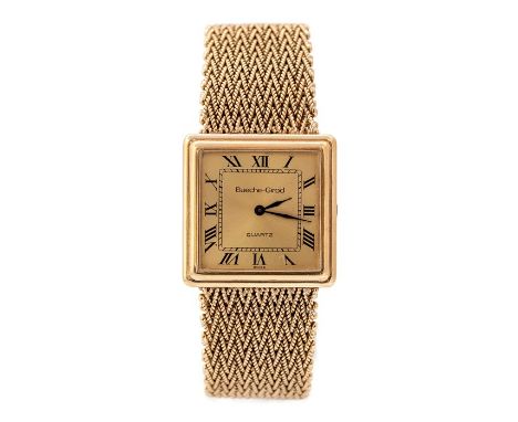 **AWAY CUSTOMER COLLECTED 26/10/19 CW **Bueche-Girod, a 9ct gold gents Beuche-Girod Quartz wristwatch, 2.5cm square dial with