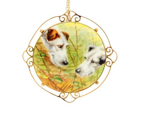 An Edwardian painted enamel and 9ct gold brooch, the painted scene depicting a pair of terriers, encased within a wire work r