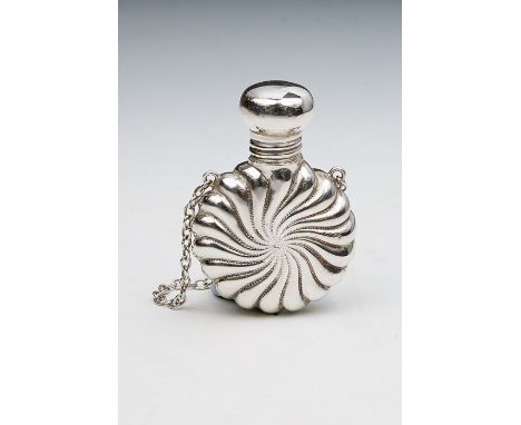 A Victorian small silver circular&nbsp;perfume bottle, radial wyvern fluted, on suspension ring, London 1890