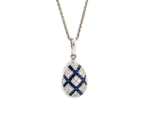 Faberge, an 18ct white gold, diamond, sapphire and enamel egg pendant, set with round brilliant-cut diamonds approx 0.54ct to