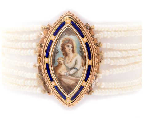 A George III gold, enamel and seed pearl mourning bracelet, the central gold navette shaped clasp set with a painted ivory mi
