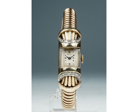 Benson, a circa 1940's Benson 9ct gold lady's wristwatch, 1.5cm square silvered dial, with diamond encrusted bezel, on an exp