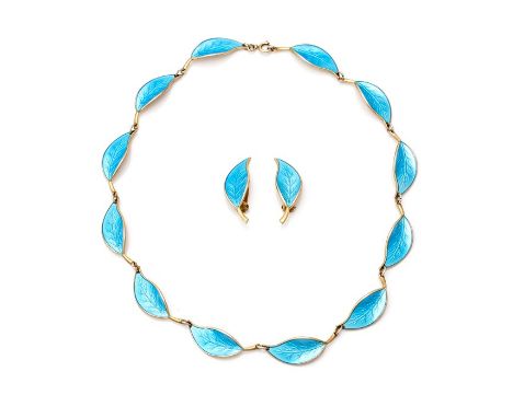 David Andersen- A modernist silver gilt enamel leaf necklace, comprising twelve blue enamel leaf links, each one measuring ap