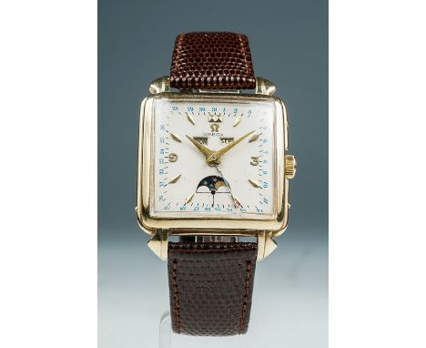 Omega, a circa 1940's gents 18kt gold Omega moonphase wristwatch, 3cm square silvered dial with dagger hands and numerals, da