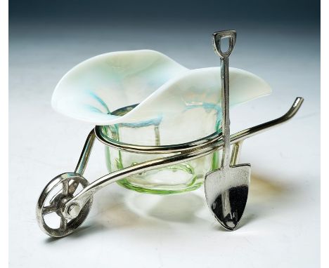 Gardening Interest: A 19th Century vaseline glass and silver-plated framed novelty table salt, shaped as a wheel barrow; toge