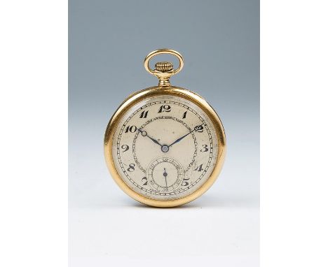 Buren, an 18ct gold Buren open faced top wind vest pocket watch, 4.5cm dial with subsidiary seconds dial at 6 o'clock, the ca