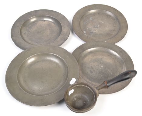 Four various 18th century pewter plates two with engraved armorials one with Bishops' mitre crest, approx diamter 22cm. Toget
