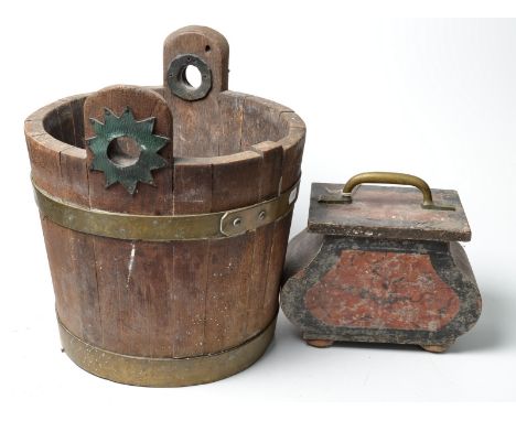 A brass banded bucket and a tea caddy painted to simulate tortoiseshell. 