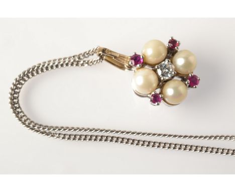 A diamond, pearl and ruby 18ct. white gold pendant and 14ct. white gold chain. Condition Report: There is one chain in this l