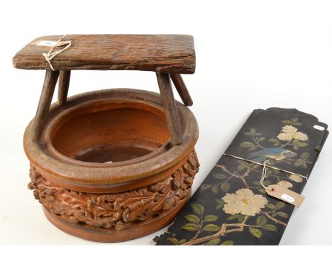 A country made foot stool and a Victorian moulded salt glazed stoneware plant pot, together with a painted fire screen. 