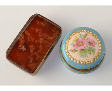 An agate and gilt brass snuff box, together with an enamelled pomade box.