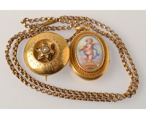A Victorian gold locket with an enamelled panel to the front on gilt chain, together with a Victorian gold brooch/pendant wit