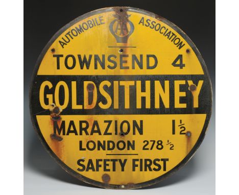An enamelled Automobile Association, Safety First, yellow and black circular sign, announcing the Cornish village 'Goldsithne