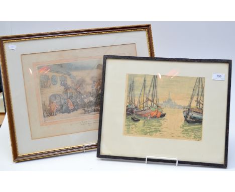 Venice, a woodblock print numbered 191/300 signed and a Rowlandson print, and three 18th century portrait prints.